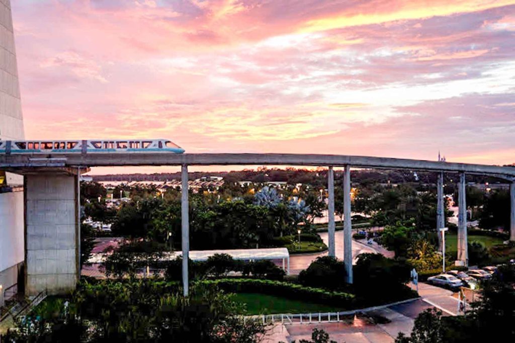 Contemporary Resort monorail at sunset