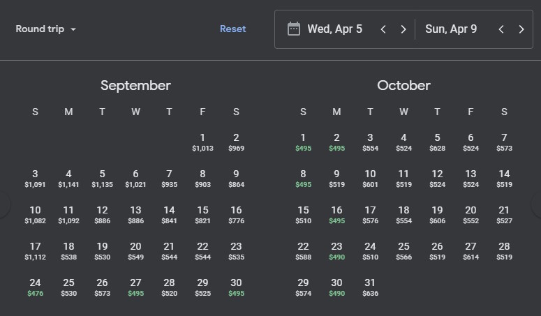 Google Flights calendar