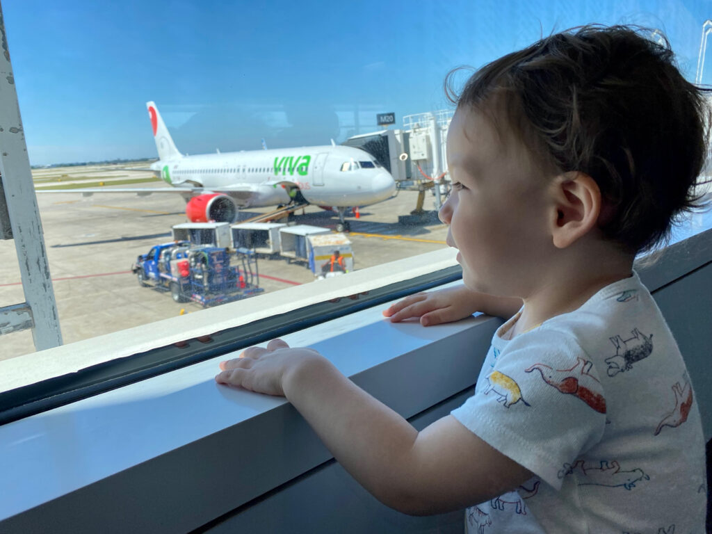 Toddler looking at airplane